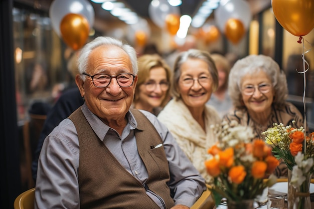 Eine Gruppe älterer Menschen feiert mit Luftballons an einem Tisch