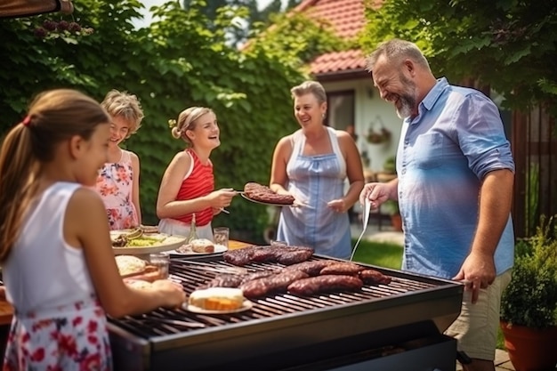 Eine Gruppe älterer Menschen genießt das Leben bei einem Grillfest im Garten, ältere Freunde reden und trinken