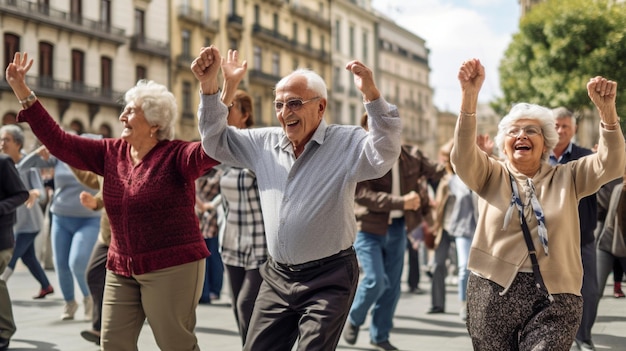 Eine Gruppe älterer Menschen tanzt auf der Straße. Generative KI-Gesundheit für ältere Menschen