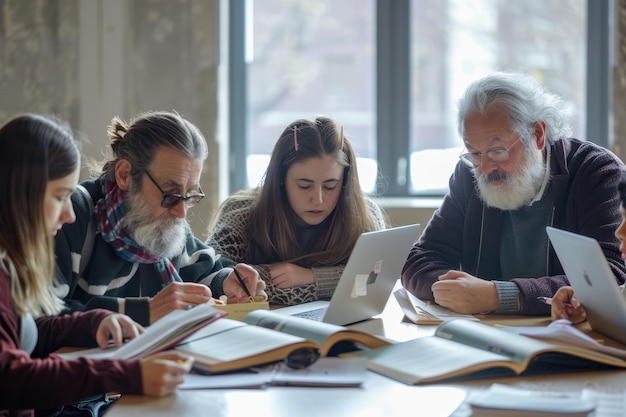 Eine Gruppe älterer Schüler in einer Studiengruppe arbeitet zusammen an einer herausfordernden Aufgabe mit Büchern