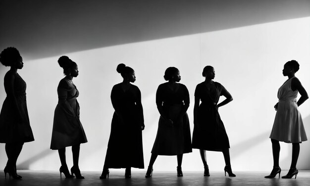 Eine Gruppe afroamerikanischer Frauen posieren im Studio bei einem Fashion-Shoot.