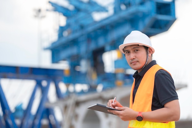 Eine gruppe asiatischer ingenieure diskutiert über die arbeit am standort des im bau befindlichen gebäudes das auftragnehmerteam bespricht die gestaltung der struktur. drei arbeiter arbeiten draußen