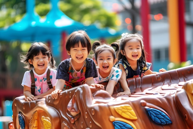 Eine Gruppe asiatischer Kinder spielt glücklich zusammen. Glücklicher Kindertag