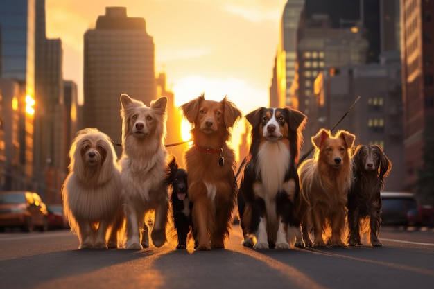 Eine Gruppe australischer Schäferhunde geht bei Sonnenuntergang durch die Stadt Eine Gruppe von Hunden genießt einen Sonnenuntergangsspaziergang in der Stadt mit Dachs und einem Spaniel.