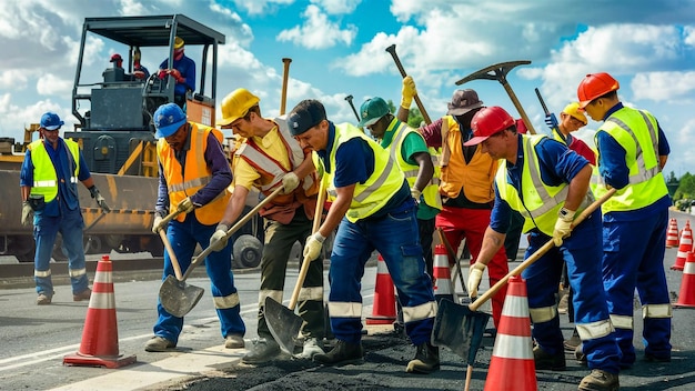 eine Gruppe Bauarbeiter arbeitet auf einer Baustelle