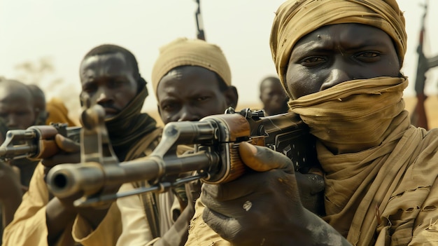 Foto eine gruppe bewaffneter männer in der wüste, sie tragen turbanen und ak47s, die männer stehen in einer reihe und schauen in die kamera.