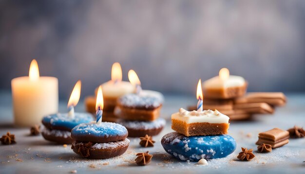 eine Gruppe blauer Cupcakes mit einer angezündeten Kerze in der Mitte