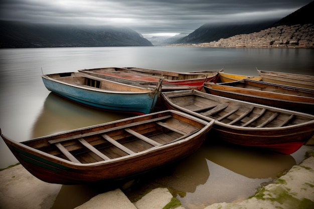 Eine Gruppe Boote, Die Auf Einem See Sitzen