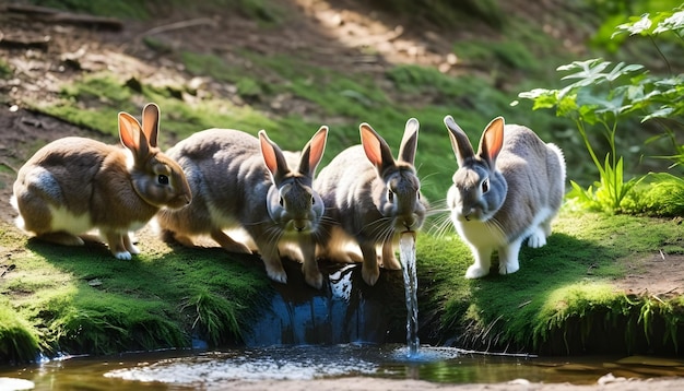 Eine Gruppe brauner Kaninchen trinkt Wasser im Wald