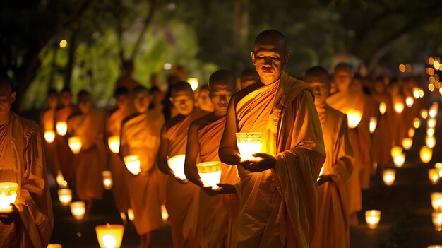 Eine Gruppe buddhistischer Mönche mit angezündeten Kerzen geht an einem dunklen Ort, wahrscheinlich in einem Tempel