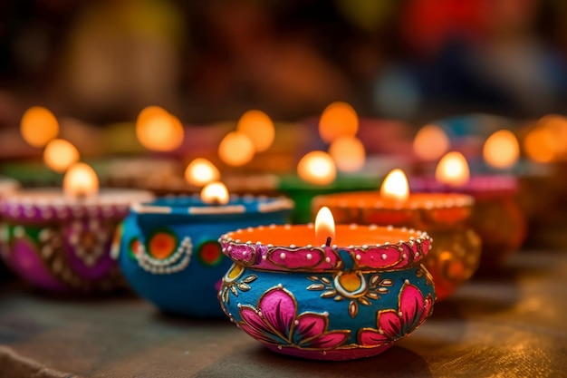 Eine Gruppe bunter Diwali-Kerzen wird in einer Reihe angezündet.