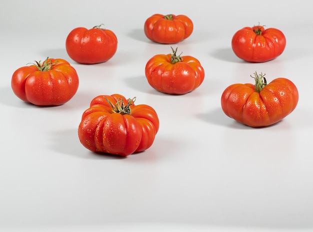 Eine Gruppe Costoluto große Tomaten auf einem weißen Hintergrundraum für Text