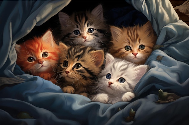 Eine Gruppe entzückender Anime-Cartoon-Kätzchen kuschelten sich in einer gemütlichen Deckenfestung zusammen