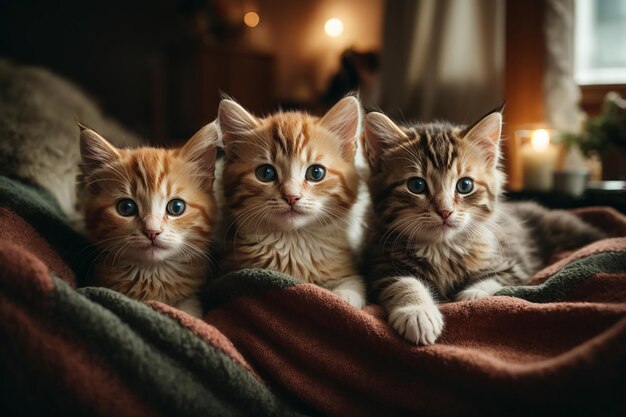 Eine Gruppe entzückender Kätzchen, die in einer gemütlichen Decke zusammengekuschelt sind, Fort Cats Cat