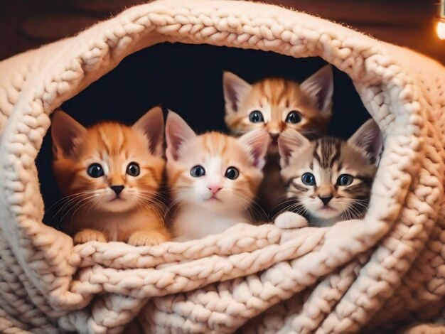Eine Gruppe entzückender Kätzchen, die in einer gemütlichen Deckenfestung zusammengekuschelt sind