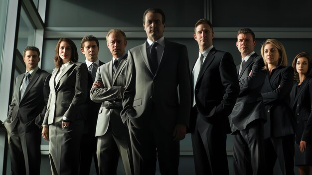 Eine Gruppe erfolgreicher Geschäftsleute, die in einem modernen Büro zusammen stehen, alle tragen Anzüge und sehen selbstbewusst aus.