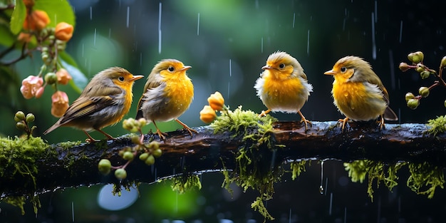 Eine Gruppe europäischer Rotkehlchen sitzt im Regen auf einem Zweig