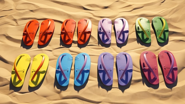 Eine Gruppe farbenfroher Flipflops, die auf dem Sand angeordnet sind