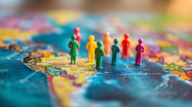 Eine Gruppe farbenfroher Plastikfiguren, die auf einer Weltkarte stehen