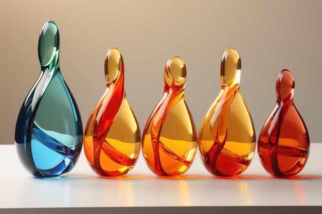 Eine Gruppe farbenfroher Vasen, die auf einem Tisch sitzen, ist ein surrealistisches Glasdekor