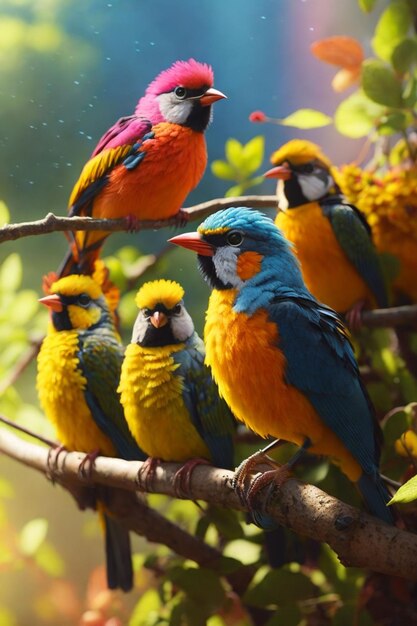 eine Gruppe farbenfroher Vögel auf einem Zweig