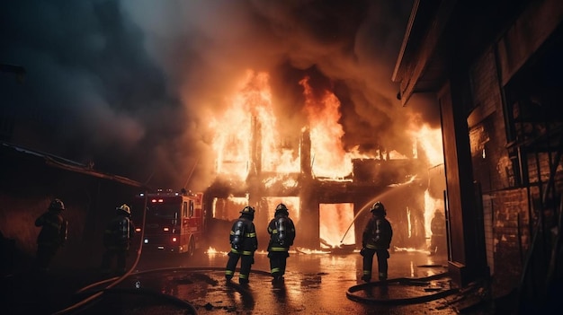 Eine Gruppe Feuerwehrleute steht vor einem Feuer