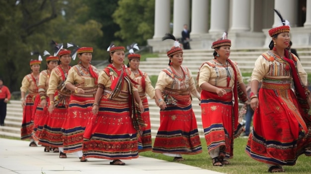 Eine Gruppe Frauen in traditioneller Kleidung geht vor einem Gebäude.