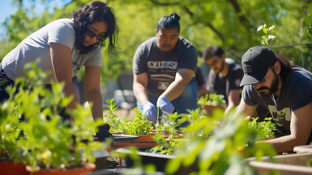 Eine Gruppe Freiwilliger arbeitet zusammen, um Kräuter in einem Gemeinschaftsgarten zu pflanzen