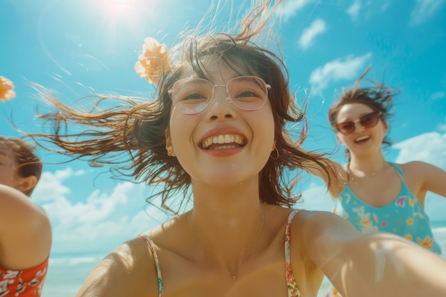 Eine Gruppe fröhlicher junger Frauen genießt den Sonnenschein am tropischen Strand Urlaub Selfie Glück