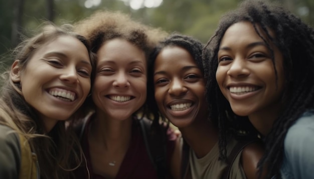 Eine Gruppe fröhlicher junger Frauen lächelt und schaut auf eine von künstlicher Intelligenz erzeugte Kamera