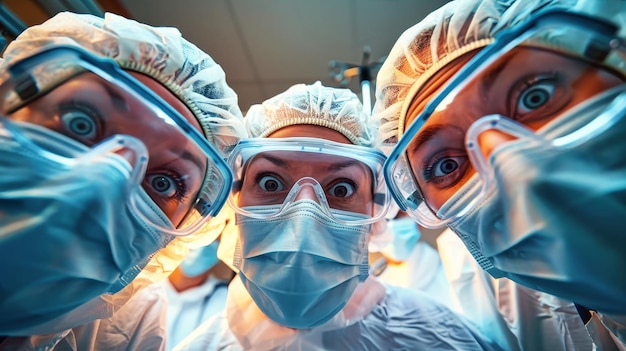 Eine Gruppe fröhlicher Ärzte mit Schutzbrillen und Masken, die zusammen lachen und plaudern