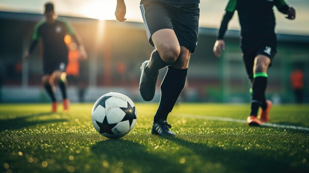 Foto eine gruppe fußballspieler, die den ball auf einem fußballfeld kicken