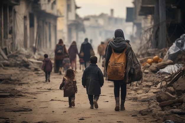 Eine Gruppe geflüchteter Frauen und Kinder mit Rucksäcken verlässt die zerstörte Stadt