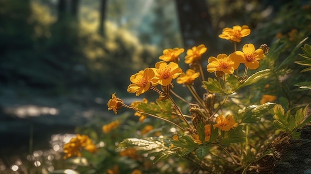 Eine Gruppe gelber Blumen in einem Wald, während die Sonne durch die Bäume scheint.