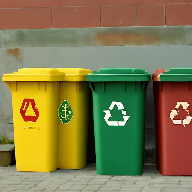 eine Gruppe gelber und grüner Behälter mit einem, auf dem steht, dass man auf der Unterseite recyceln kann