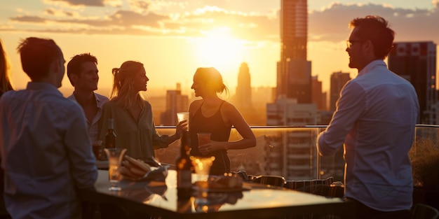 Eine Gruppe genießt während des Sonnenuntergangs eine Party auf dem Dach, um das Beste aus einer Hitzewelle zu machen