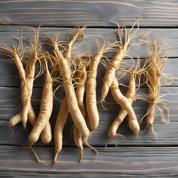 eine Gruppe Ginseng auf einem Holztisch