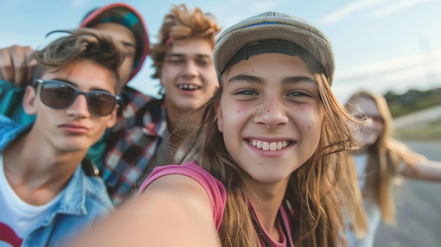 Eine Gruppe glücklicher Freunde, die zusammen ein Selfie machen, sie lächeln und lachen alle, das Mädchen vorne hat ihren Arm um den Jungen neben ihr.