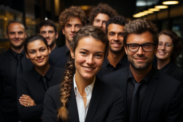 eine Gruppe glücklicher Geschäftsleute und Geschäftsfrauen, die in Anzügen gekleidet sind, lächeln im Büro