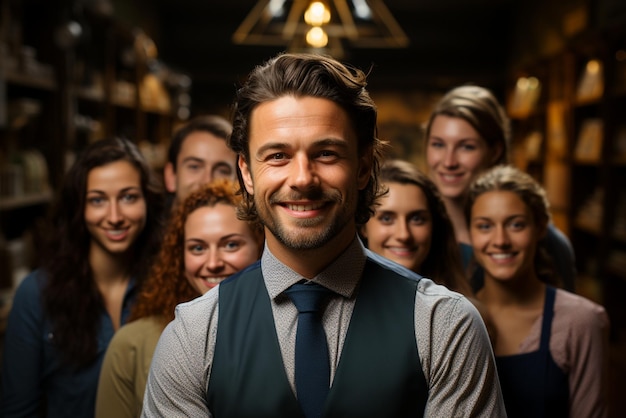 eine Gruppe glücklicher Geschäftsleute und Geschäftsfrauen, die in Anzügen gekleidet sind, lächeln im Büro