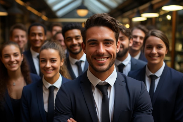 Eine Gruppe glücklicher Geschäftsmänner und Geschäftsfrauen in Anzügen lächelt im Büro
