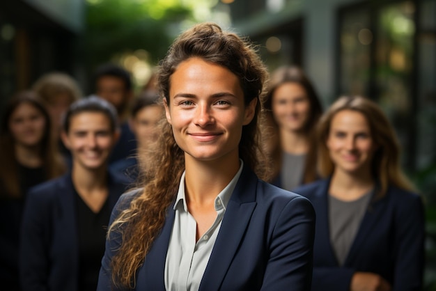 Eine Gruppe glücklicher Geschäftsmänner und Geschäftsfrauen in Anzügen lächelt im Büro