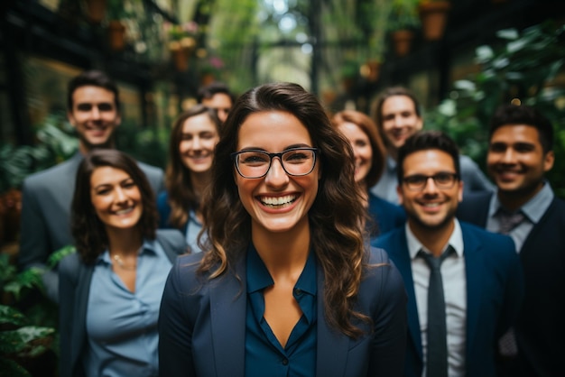 Eine Gruppe glücklicher Geschäftsmänner und Geschäftsfrauen in Anzügen lächelt im Büro
