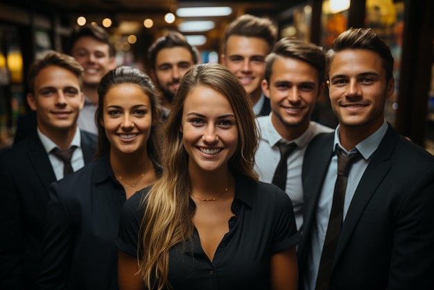 Eine Gruppe glücklicher Geschäftsmänner und Geschäftsfrauen in Anzügen lächelt im Büro