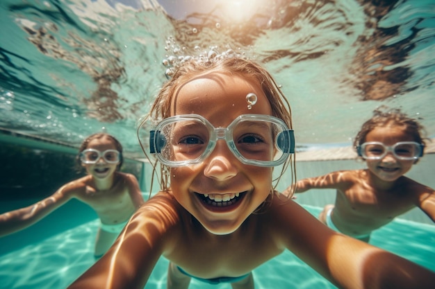 Eine Gruppe glücklicher Kinder schwimmt unter Wasser in einem Schwimmbad