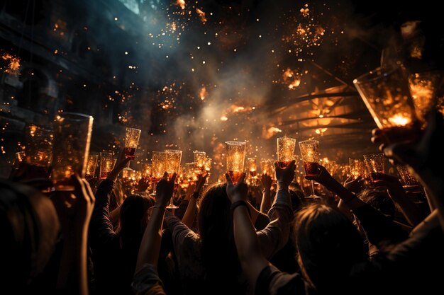 Eine Gruppe glücklicher Menschen feiert Feiertage mit Champagner und funkelnden Silhouetten am Sonnenuntergang