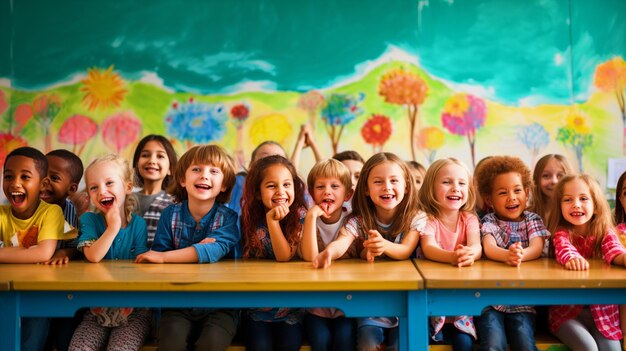 Eine Gruppe glücklicher Schulkinder sitzt auf Klassenbänken