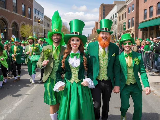eine Gruppe grün gekleideter Menschen mit Hüten und grüner Kleidung