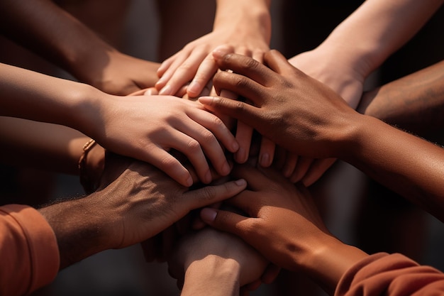 Eine Gruppe Händchen haltender Menschen in der Mitte eines Kreises, wobei die Hände übereinander liegen