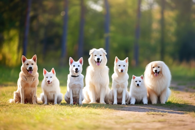 Eine Gruppe Hunde sitzt auf einer unbefestigten Straße